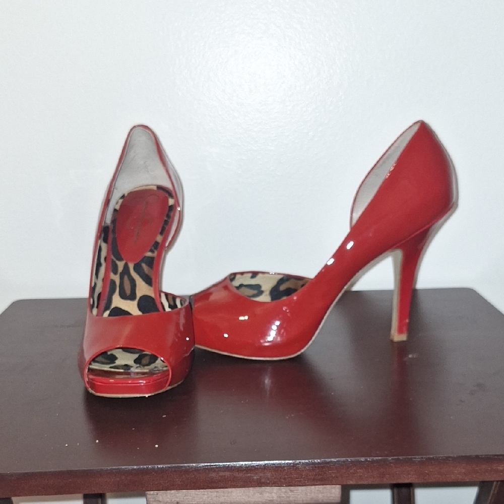 Jessica Simpson Josette Really Red Patent Peep-Toe Heels with Leopard Insole